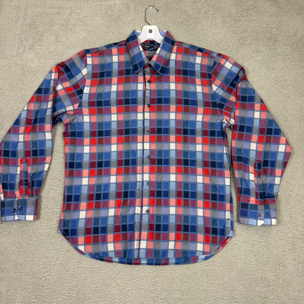 Paul Fredrick Mens Slim Fit Plaid Button Down Shirt Blue Red Cotton Modal L